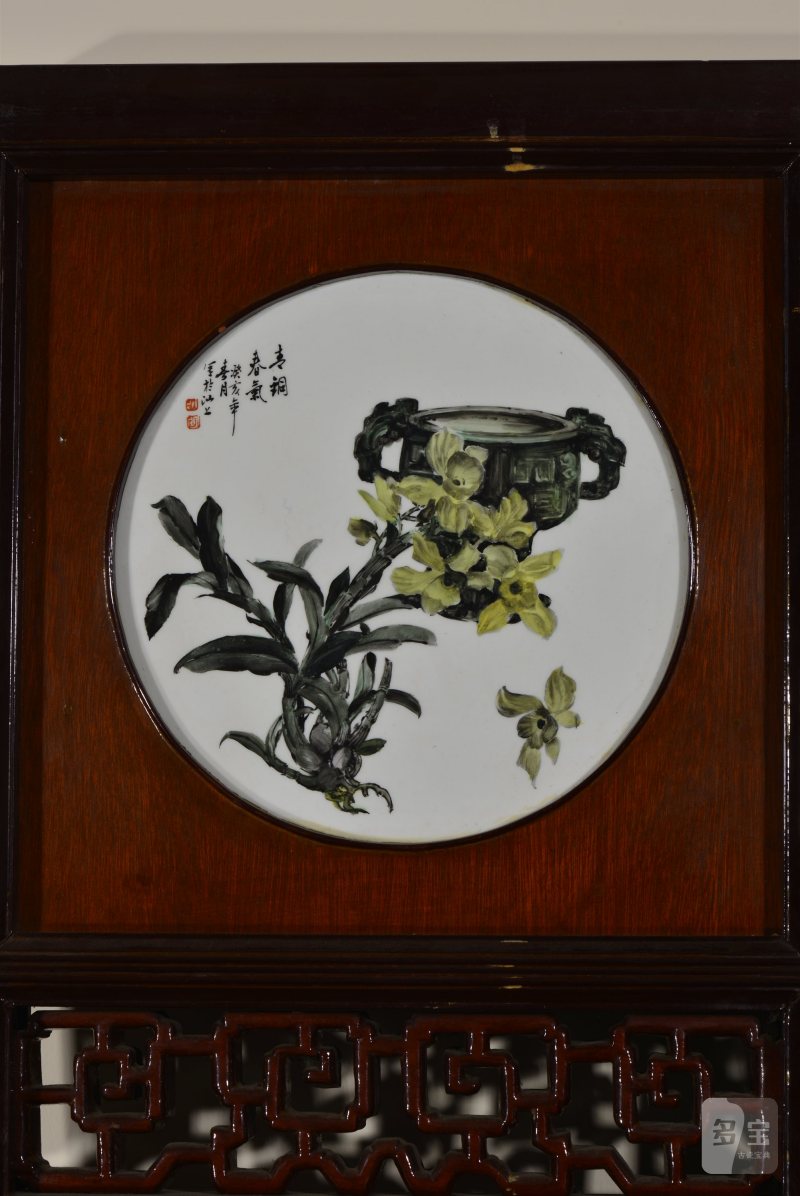 近现代 魏焕明、余少良合作双面粉彩山水人物八联落地大屏风 - 图4